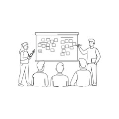 Team collaborating on strategy at a business presentation, brainstorming ideas with whiteboard and tablet in a modern office setting