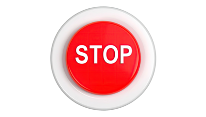 A glossy red button with "STOP" in white letters, set on a white, circular base