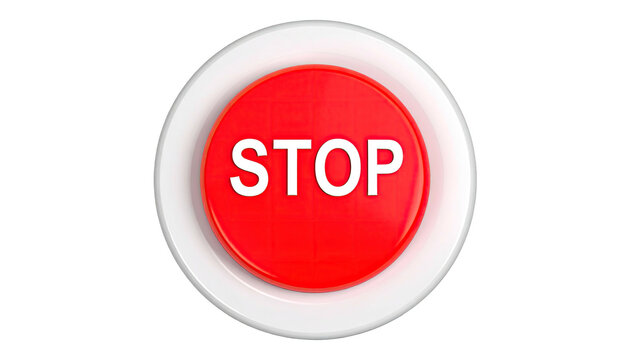 A glossy red button with "STOP" in white letters, set on a white, circular base