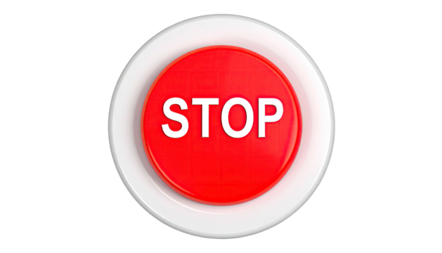 A glossy red button with "STOP" in white letters, set on a white, circular base