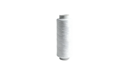 A solitary spool of pristine white thread, spiraling gracefully, isolated on black