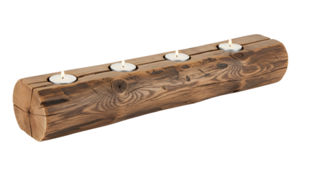 Rustic dark wooden log candle holder with four burning tealights isolated product shot isolated PNG with Transparent Background