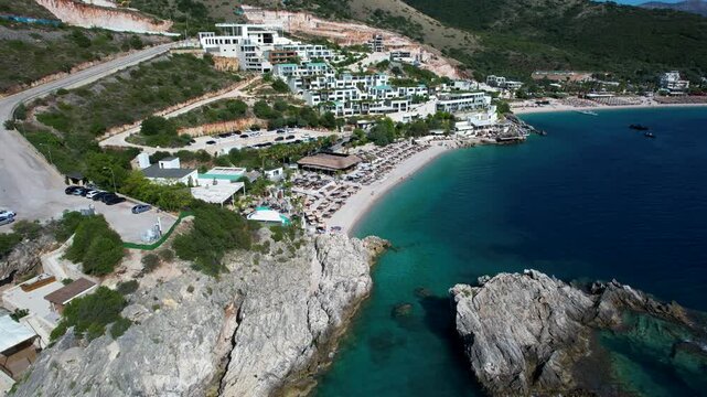 Luxury Resorts Villas, Overtourism on Ionian Beaches of Albania, Turquoise Water and Cliffs Seaside