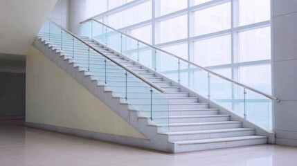 Obraz premium Modern minimalistic staircase featuring elegant glass railings and a spacious atmosphere illuminated by natural light, ideal for architectural and interior design projects.