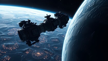 A futuristic space vessel floats in orbit, observing a distant Earth.