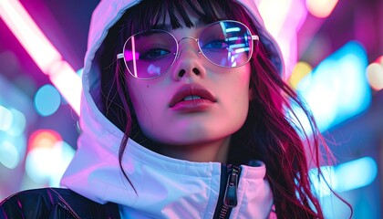 A vibrant portrait of a young person with glasses and a hooded jacket, bathed in neon light with a blurred background