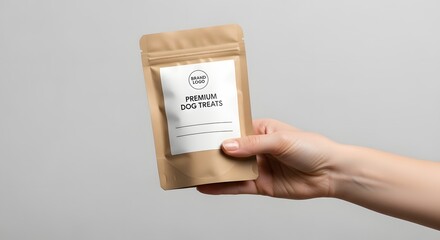 Hand holding a packet of premium dog treats against a neutral background, showcasing product design