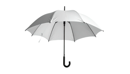 Open, white, umbrella with black frame and handle, against a black background