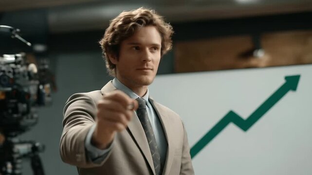 business coach explaining upward trend with green arrow background low hum projector soft paper rustle motivating session three quarter wide angle cinematic color correction gent