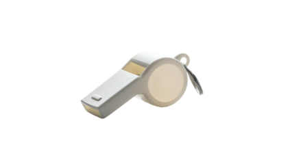 Isolated white whistle with beige accents and a loop on a black background
