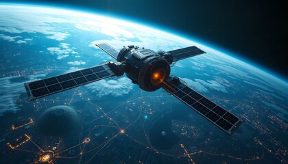Obraz premium A futuristic satellite orbits Earth, capturing data and transmitting signals above the planet.