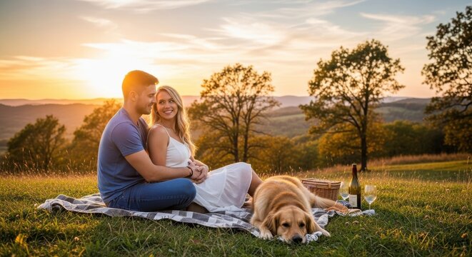 Romantic picnic at sunset with a young couple and their golden retriever