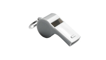A plain, white, plastic whistle with a key ring against a stark, black background