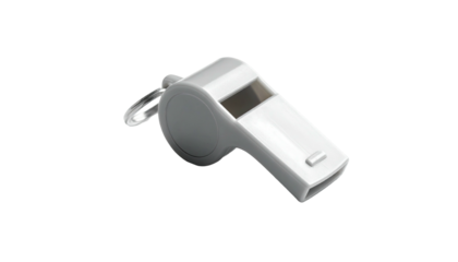 A plain, white, plastic whistle with a key ring against a stark, black background