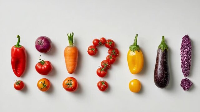 A row of colorful vegetables arranged to spell the word VEGETABLES.