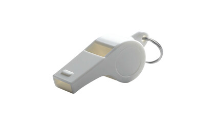 A 3D-rendered close-up of a white plastic whistle with a metal keyring on a black background