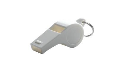 A 3D-rendered close-up of a white plastic whistle with a metal keyring on a black background