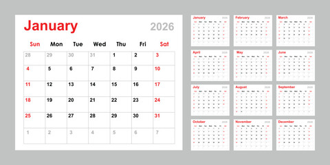 Calendar 2026, yearly calendar vector in 2026, calendar template, calendar planner 