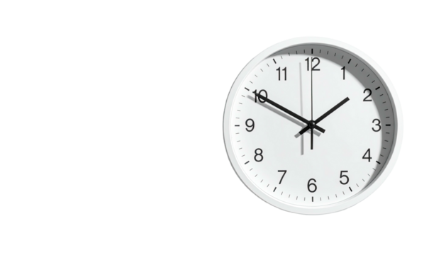 White, circular clock with black hands against a stark black background