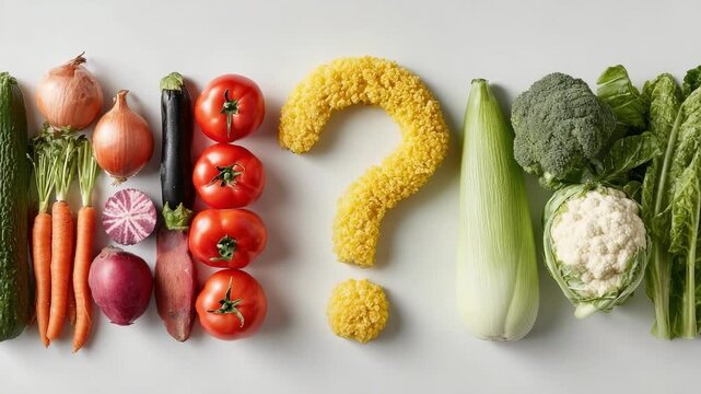 A row of fresh vegetables with a yellow corn-kernel question mark in the center.