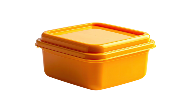 A square, orange container with a lid, isolated against a black background