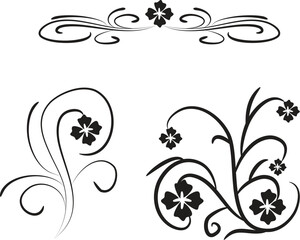 The versatile set of black floral design elements includes vintage vector ornaments and leaf silhouettes for art decoration