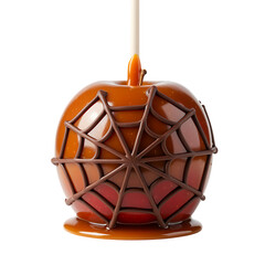 Caramel apple with spider web decoration isolated on transparent background