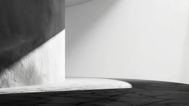 White minimalist architectural scene with a curved shadow on a tiled floor.