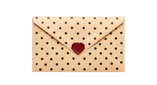 Isolated polka dot envelope with heart seal, stationery for love letters and invitations