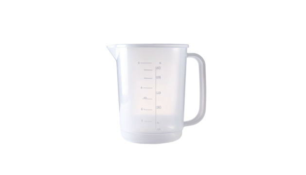 Clear plastic measuring jug with handle and volume markings on a dark background