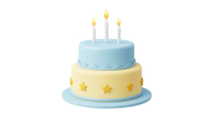 Isolated two-tiered birthday cake with three burning candles on top, ready for celebration