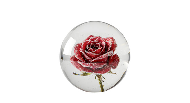 Preserved red rose inside clear glass sphere, elegant floral paperweight with blooming flower, romantic crystal ball ornament for home decor isolated PNG with Transparent Background