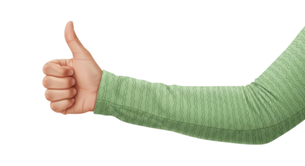 Isolated hand gesture giving a thumbs up approval wearing a green arm sleeve graphic design