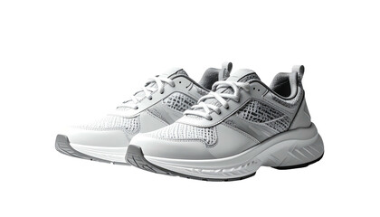 Two white athletic shoes, detailed mesh design, grey accents, against a black background