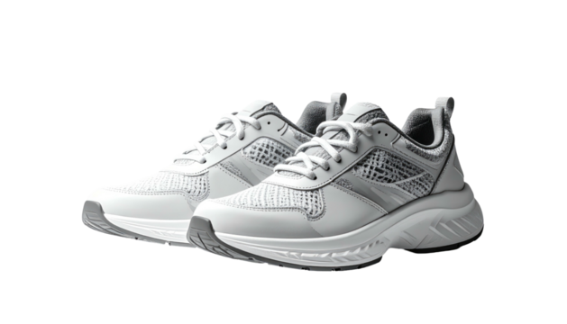 Two white athletic shoes, detailed mesh design, grey accents, against a black background