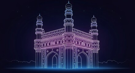 Charminar Neon Outline: Hyderabad Landmark in Electric Blue and Purple Hues