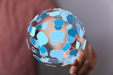 Illustration of a global communication network using speech bubbles and digital interface...