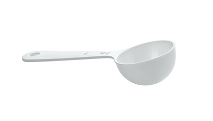White plastic scoop with a long handle and rounded bowl, against black