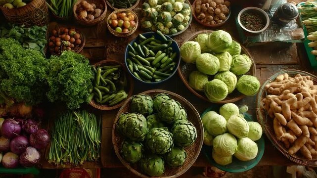 Market stall with baskets of fresh vegetables: cabbage, lettuce and leafy greens, broccoli-like heads, green beans, onions, and root crops.