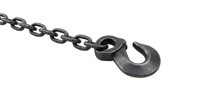 Heavy duty metal chain with a strong forged hook ready for industrial lifting and secure fastening applications