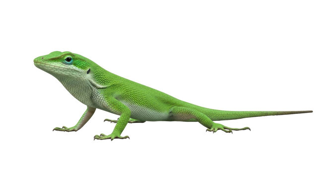 Isolated Anolis Lizard, also called American Chameleon, Green Anole, clinging reptile on studio