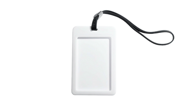 A white, rectangular tag with a black lanyard against a stark, black background