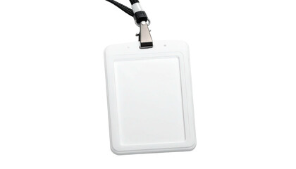 White, blank identification card hanging from a black lanyard and clip