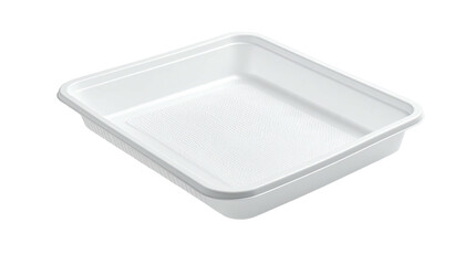 A pristine, white, rectangular, shallow plastic container sits on a black background