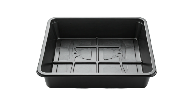 Rectangular, empty, matte black plastic tray with a patterned interior