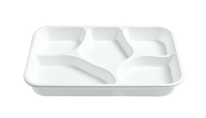 An empty, white, rectangular plastic tray with five separate compartments