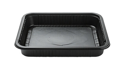 Empty, black plastic food container with textured rim, angled, against black background
