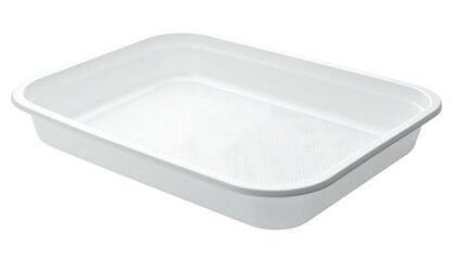 Empty, rectangular, white plastic tray with rounded corners, set against a black background
