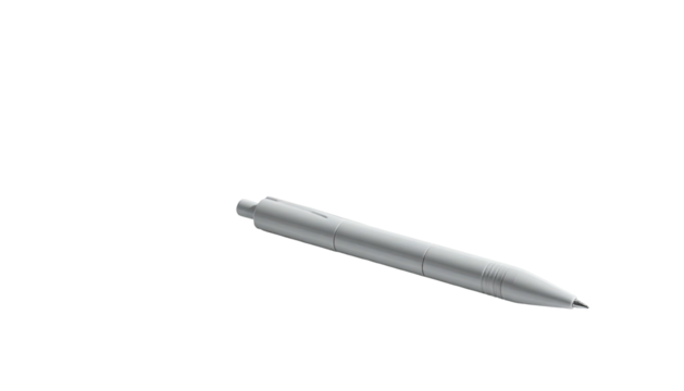 A metallic gray writing utensil, sleekly designed, with a sharp tip, floating in darkness