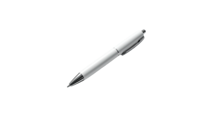 A white pen with silver accents lies diagonally across a black background